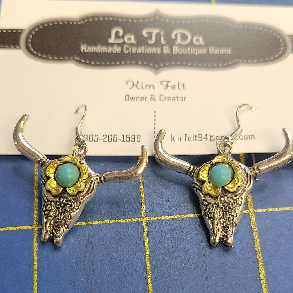 Silver Tone Faux Turqouise Gold Flower Bull Skull 1" x 1.25" Earrings